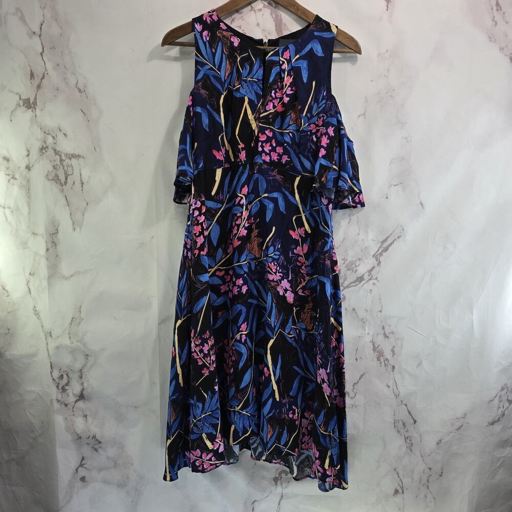 Maeve Dress Womens Small 4 Blue Floral Elia Cold Cut Shoulder Flutter